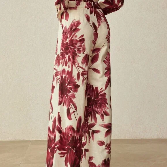 Burgundy Casual Women's Floral Print Straight Leg Wide Pants - Picture 2 of 7